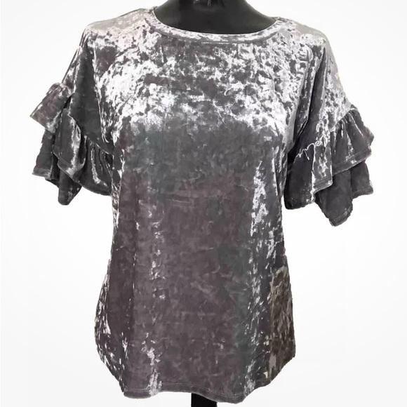 Mossimo women’s gray short sleeve crushed velvet shirt with ruffled sleeves. XL - Picture 1 of 8